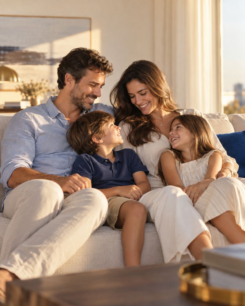Família reunida no sofá da sala no fim da tarde