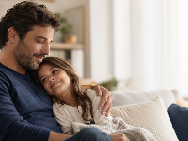 Pai abraçando a filha no sofá de casa, em luz suave