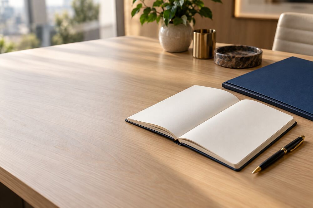 Mesa de escritório clara, com caderno, caneta e pasta em tons neutros